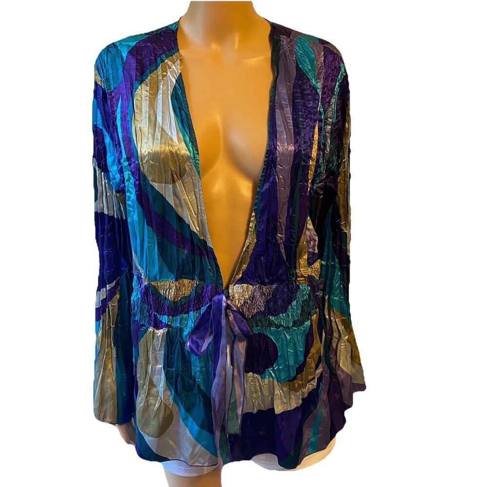 Y2K Women Plus 2X Silky Crinkled Blouse Rockabilly Colorful Tie Front Beach Boho